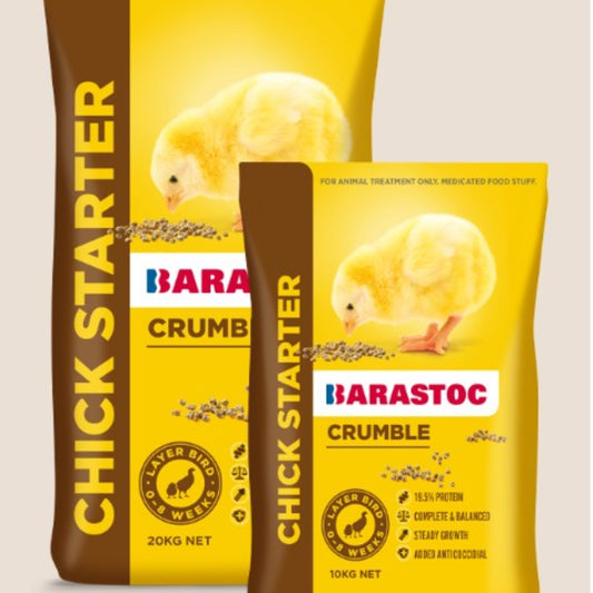 Two packages of Barastoc Chick Starter Crumble with chicks on a beige background