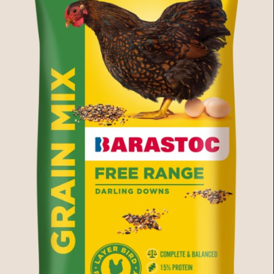 Barastoc free range grain mix packaging with a chicken and eggs illustration on a beige background