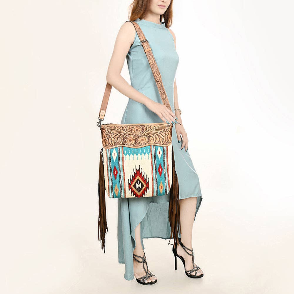 Tooled Leather & Saddle Blanket Crossbody Bag Jolene Western Fringe Purse by American Darling