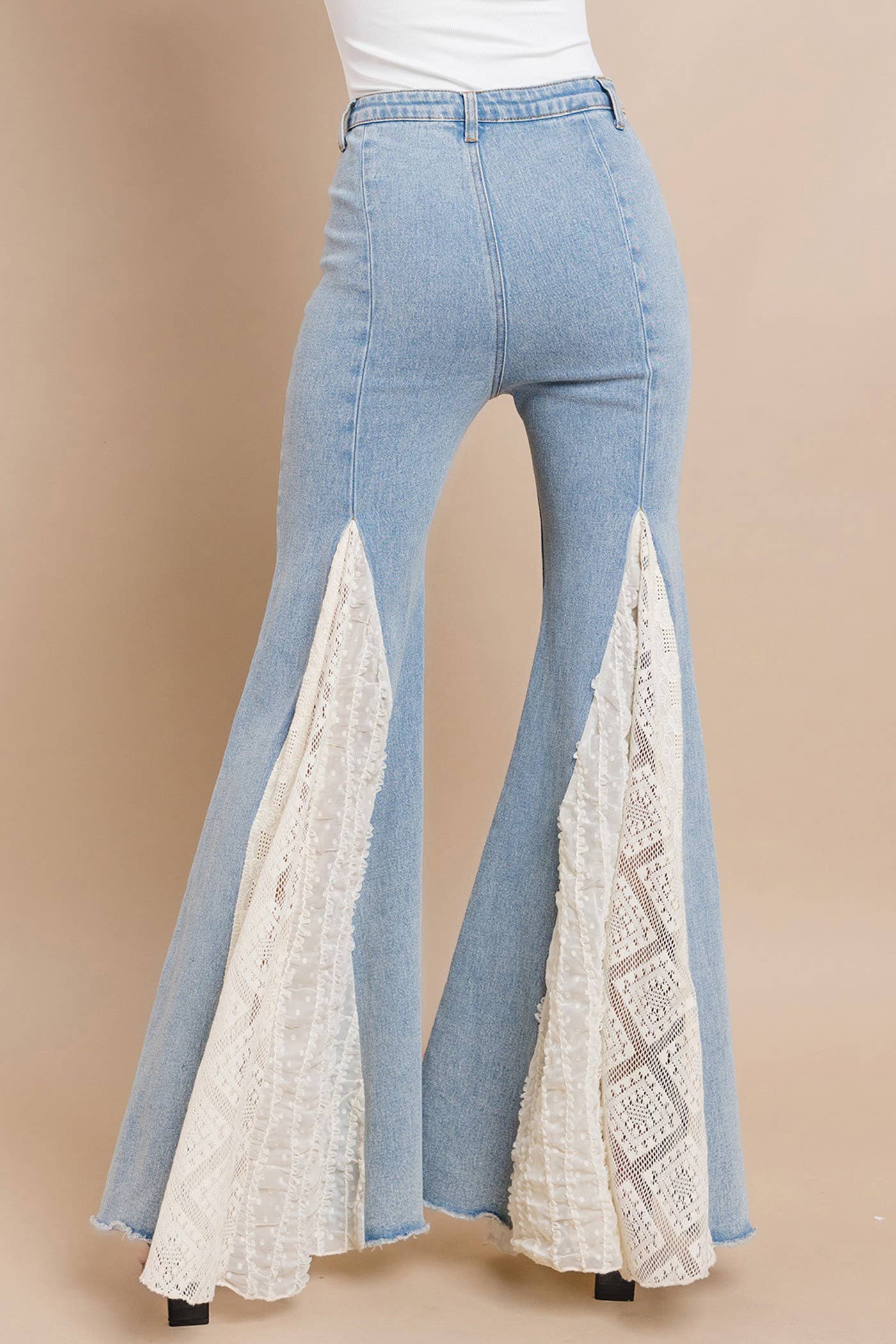 LACE DETAIL WIDE LEG JEANS LIGHT DENIM