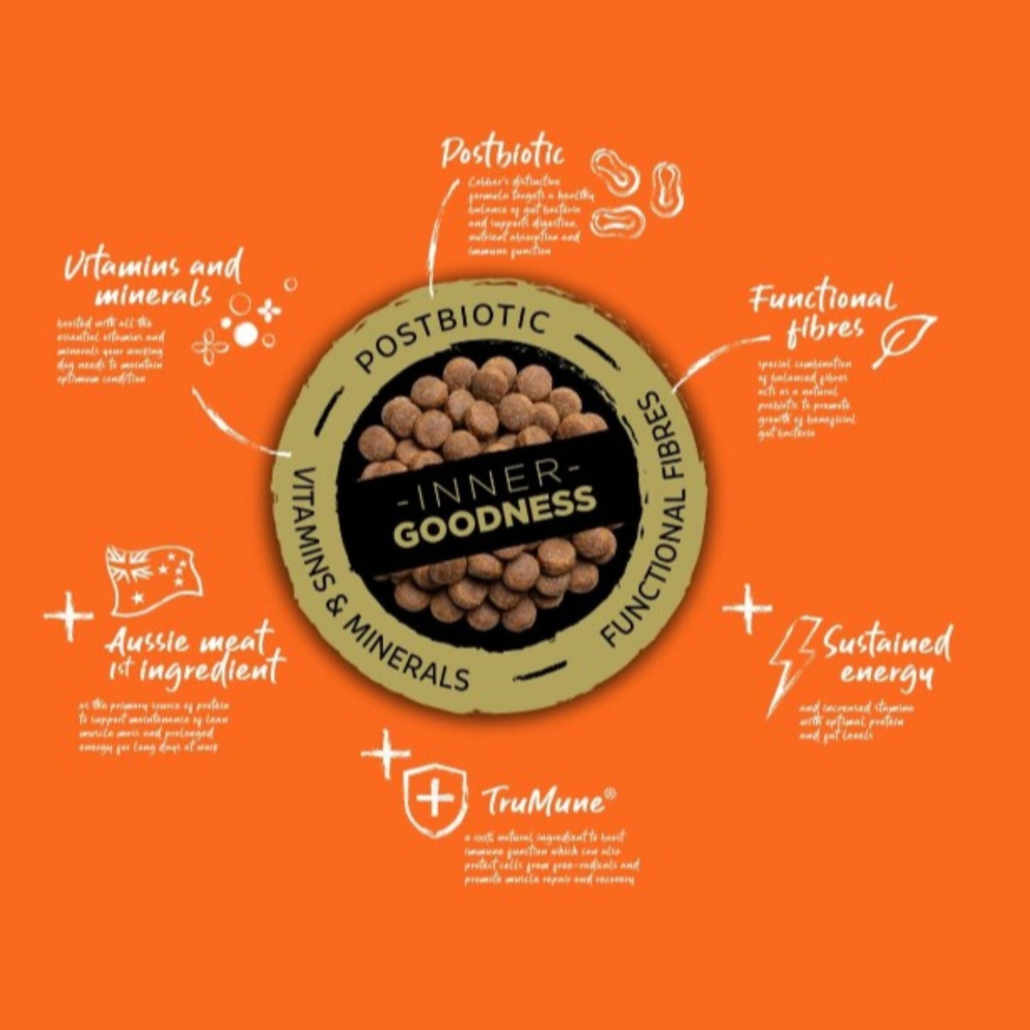 Cobber working dog with 'Inner Goodness' branding on an orange background