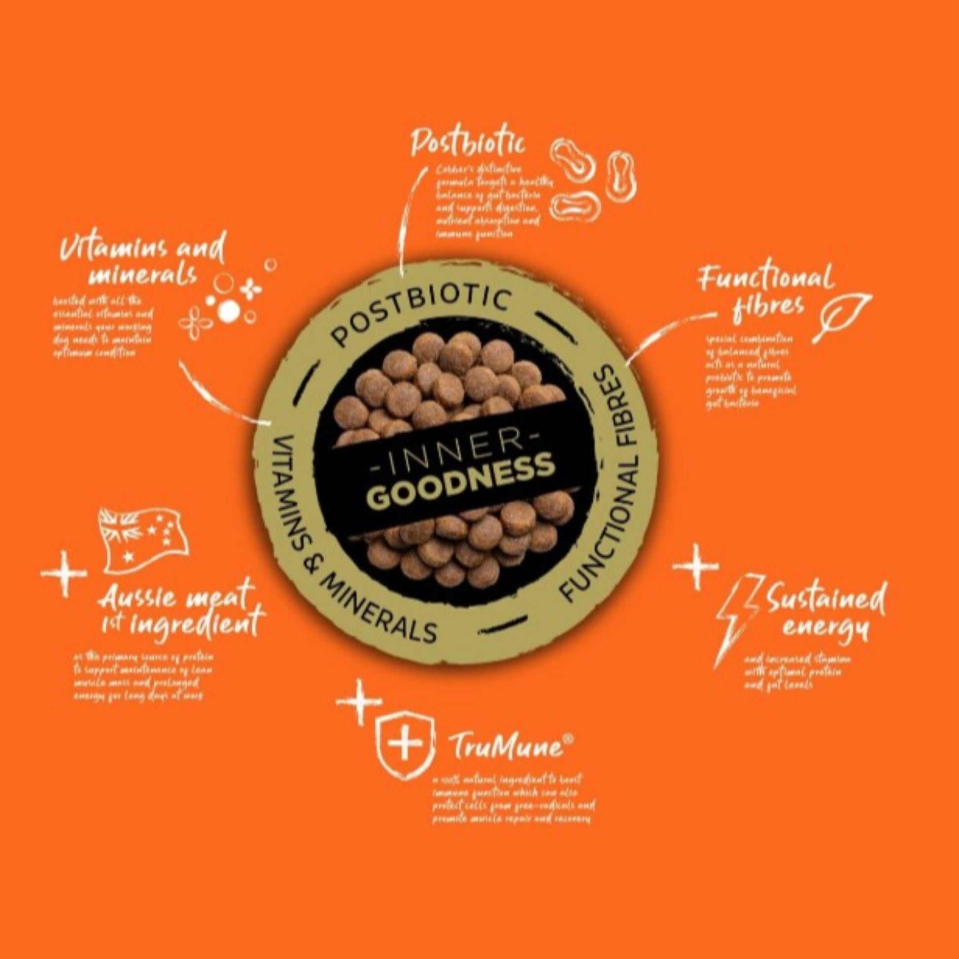 Cobber working dog with 'Inner Goodness' branding on an orange background