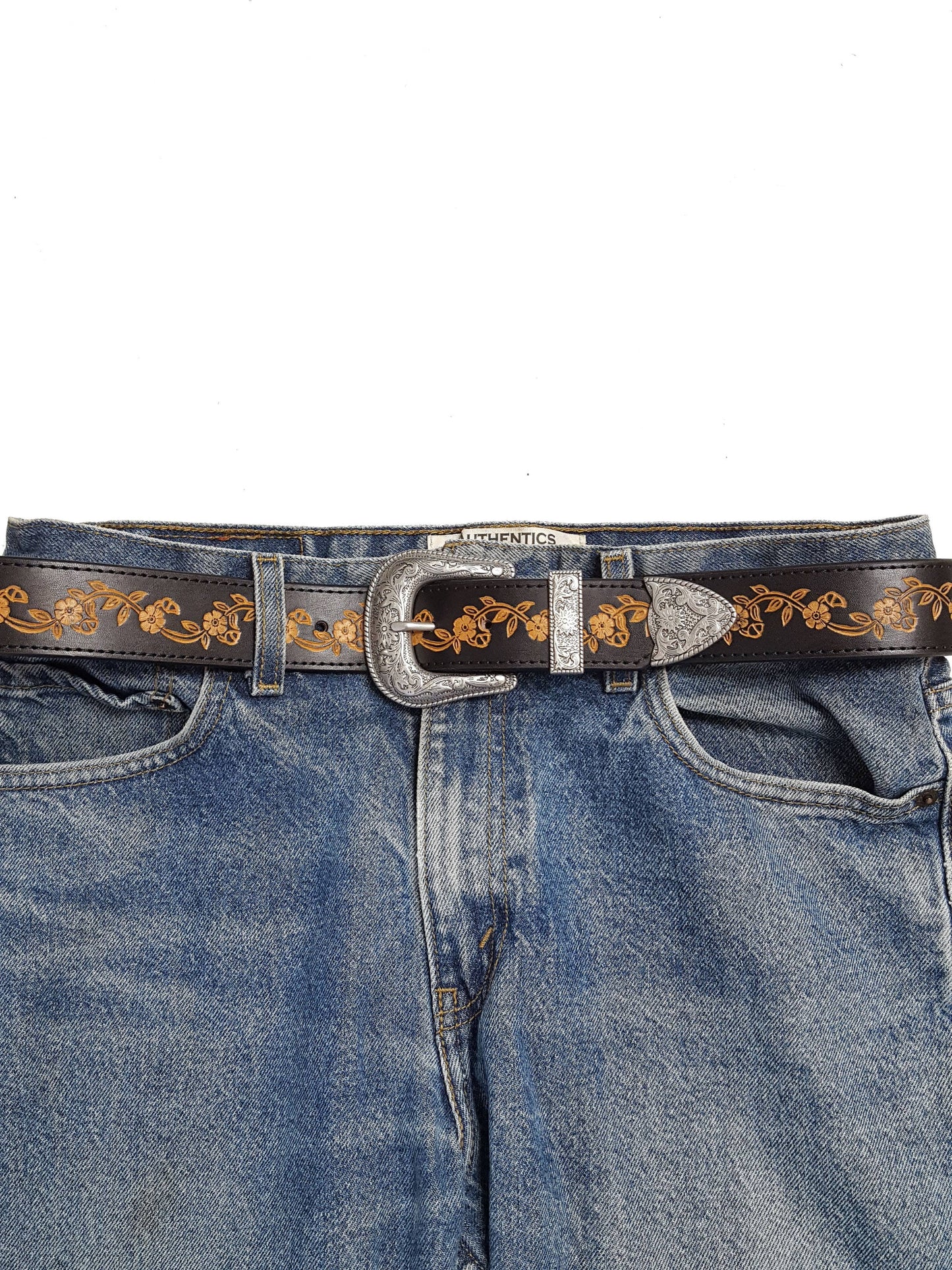 Silver Western Buckle Set w.Vintage Hand Painted Tooled Belt