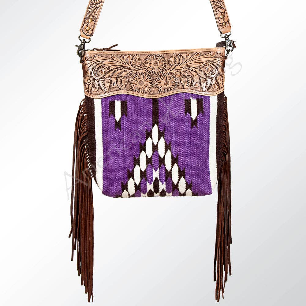 Tooled Leather & Saddle Blanket Crossbody Bag Jolene Western Fringe Purse by American Darling