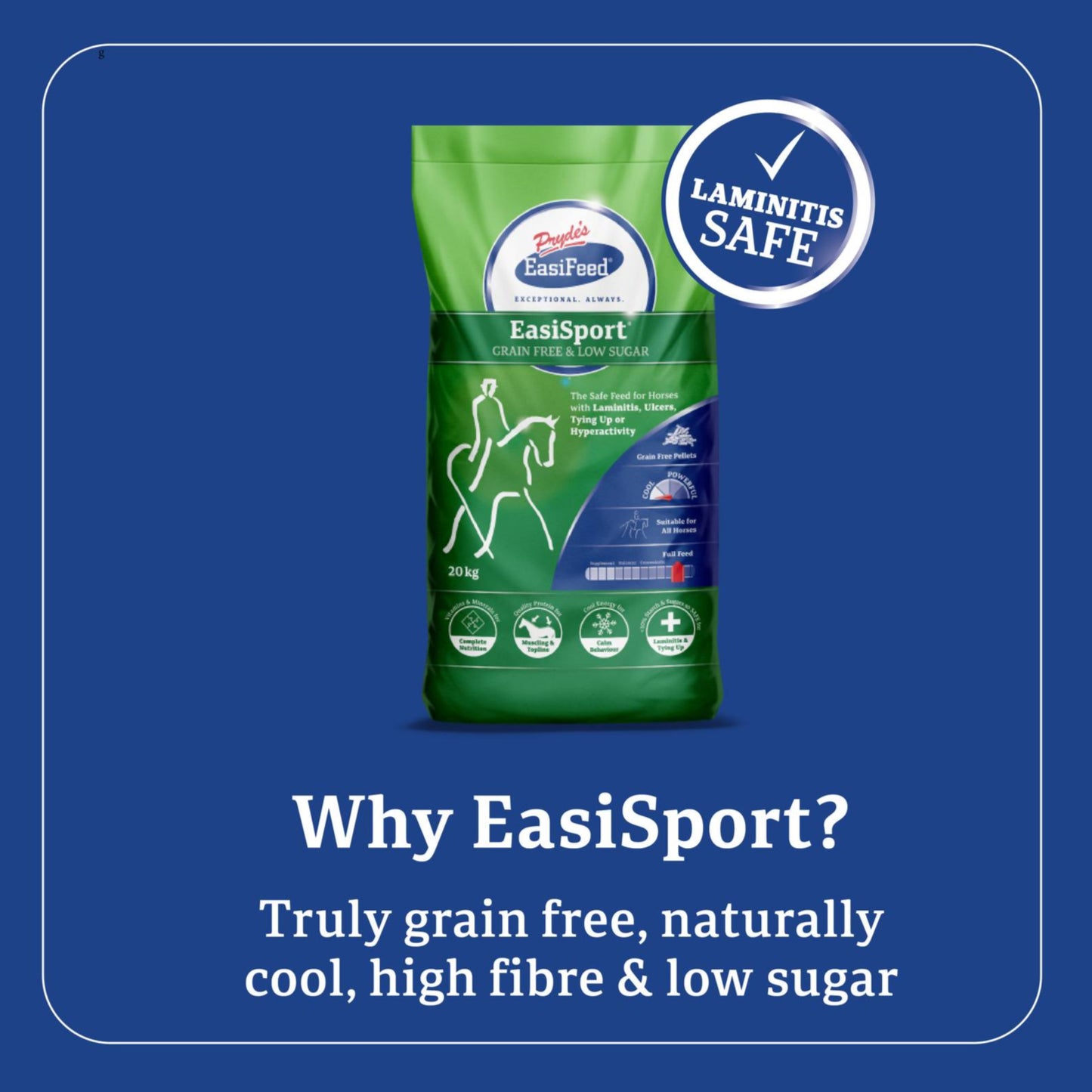 EasiSport horse food package on a blue background with 'Laminitis Safe' label.