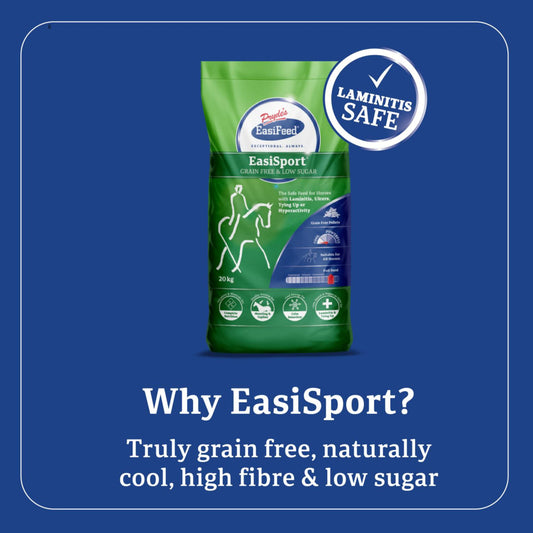 EasiSport horse food package on a blue background with 'Laminitis Safe' label.