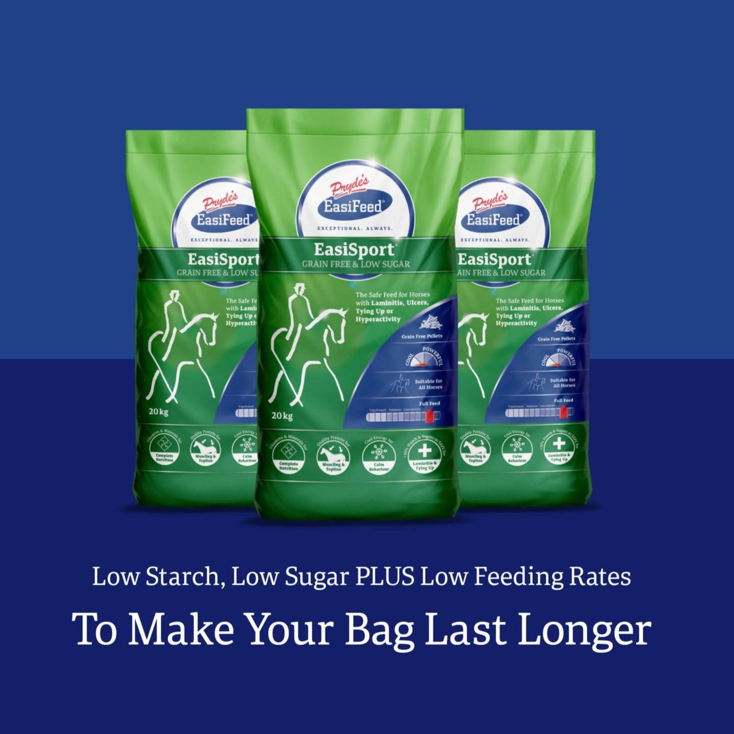 Three green bags of EasiSport horse food on a blue background
