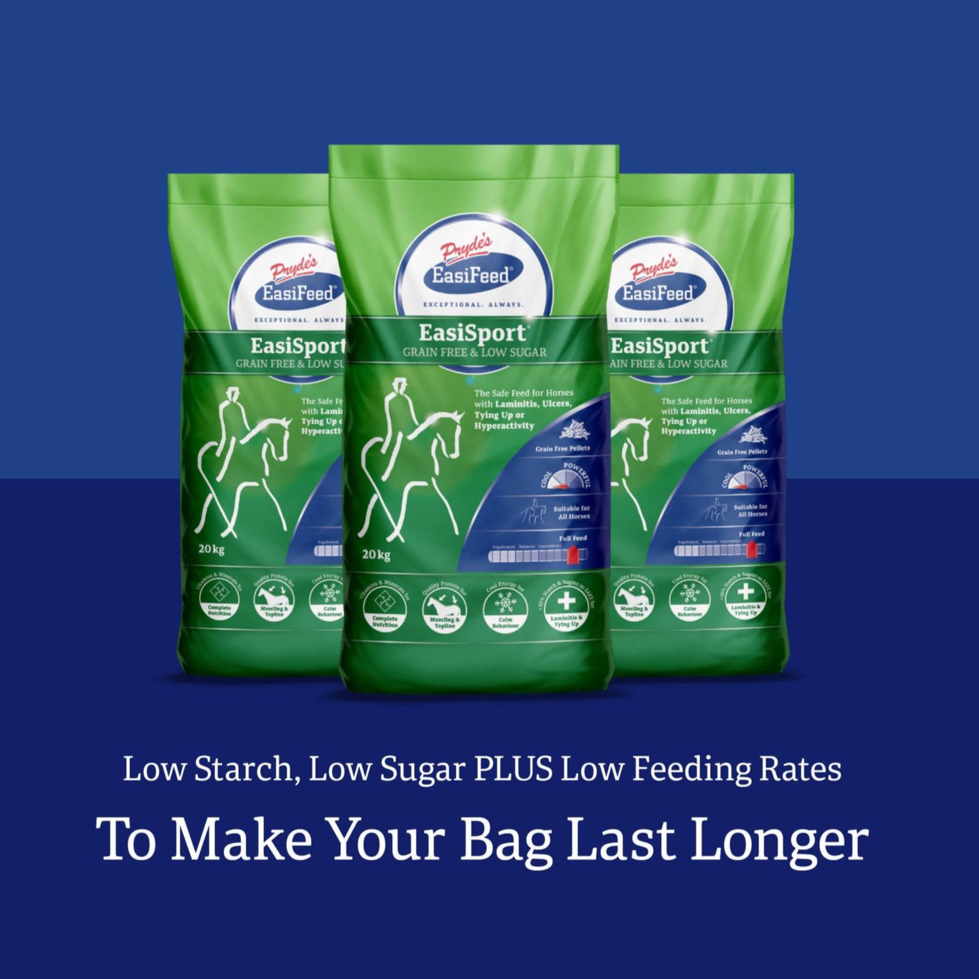 Three green bags of EasiSport horse food on a blue background