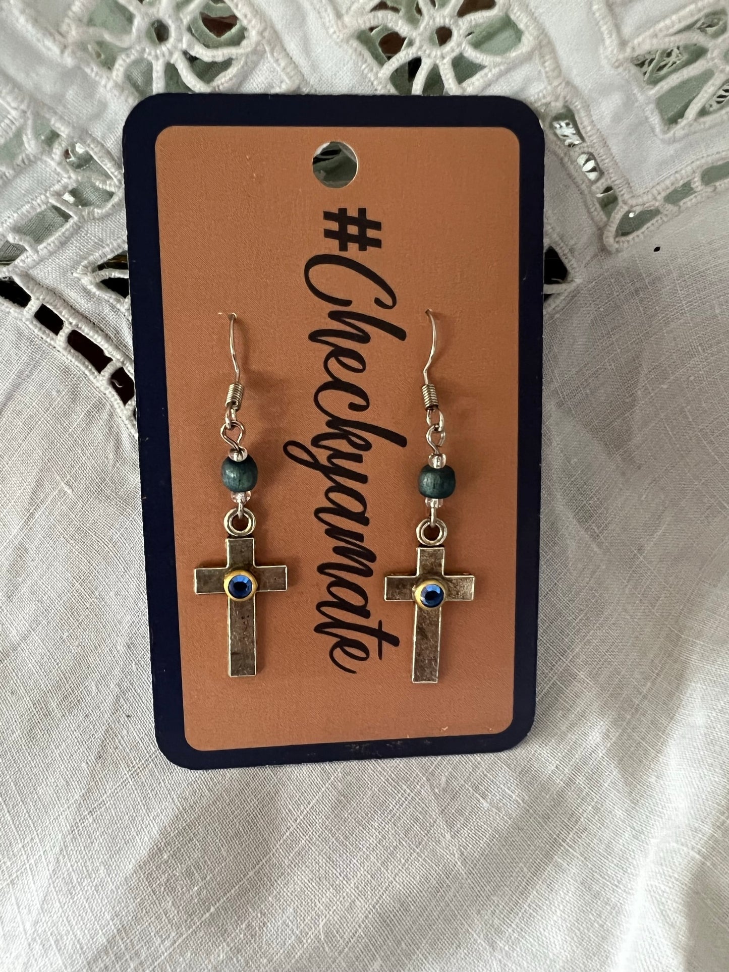 Handmade Blue Stone Cross Earrings - 003