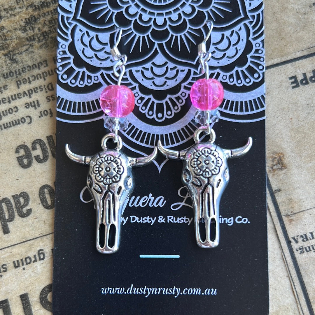 Silver skull & pink earrings- 035