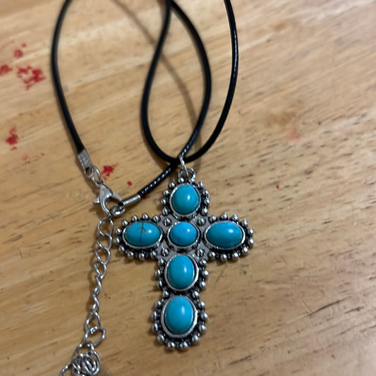 Cord & turquoise cross necklace- 060