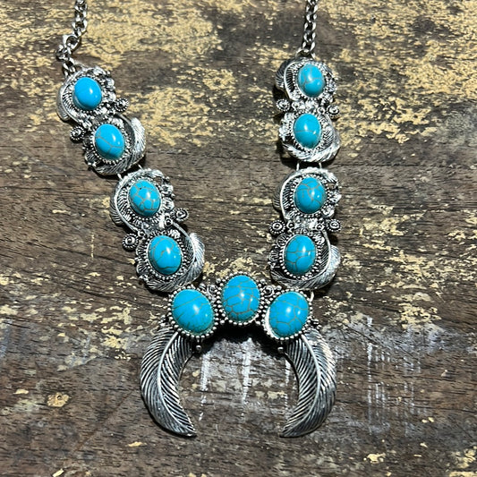 Turquoise & Silver feather necklace - 063