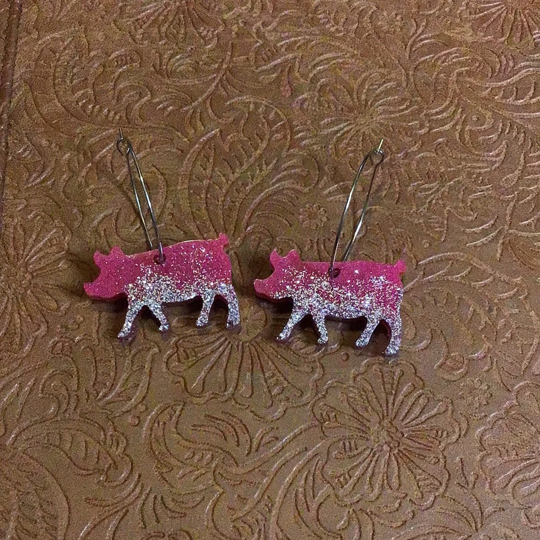 Pink & Silver Pig resin earrings - 015