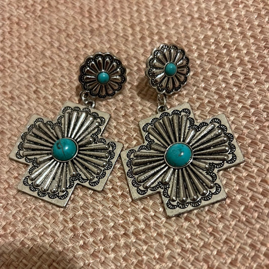 Silver & turquoise Concho earrings - 027