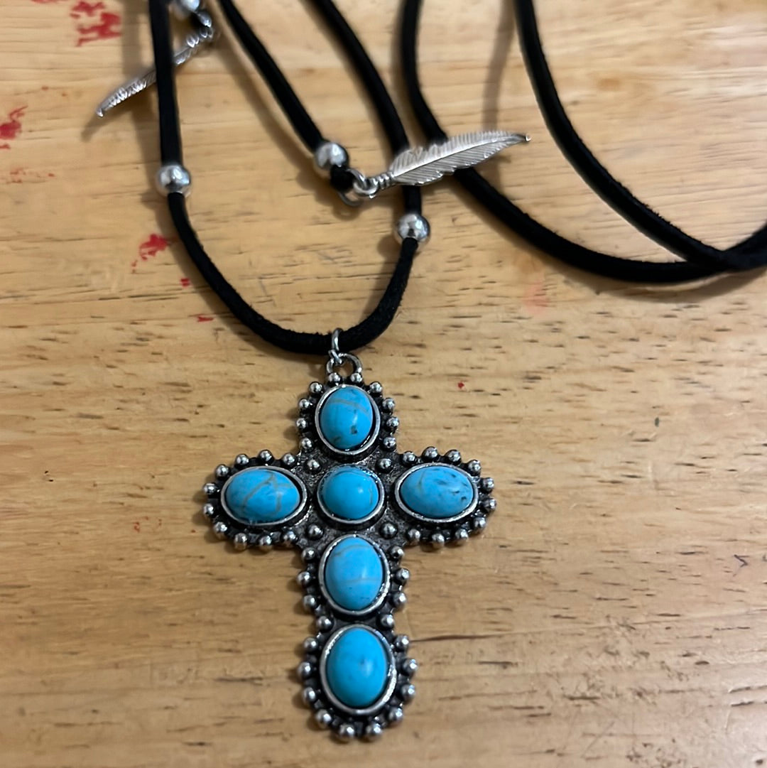 Leather & turquoise cross necklace- 059